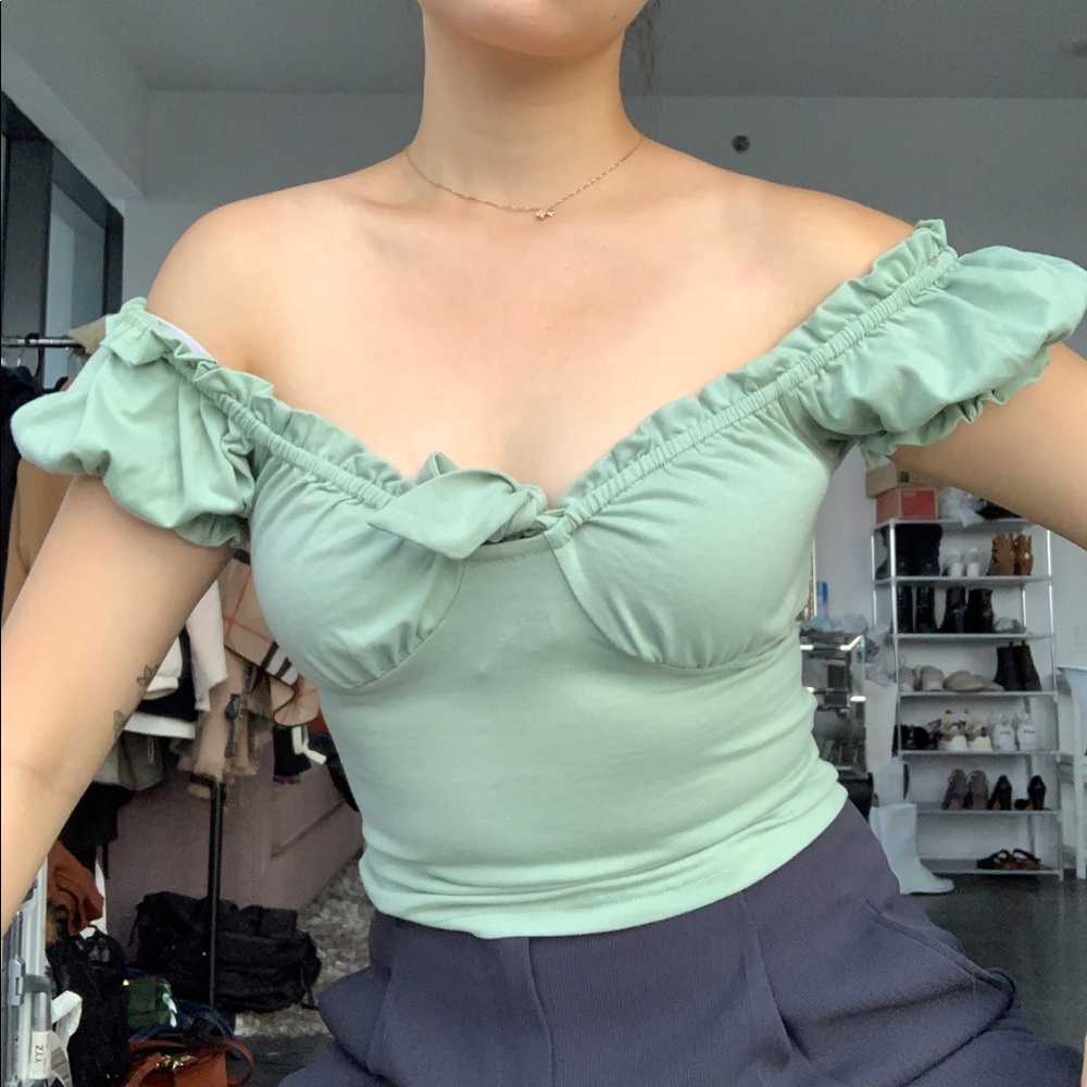 Off the shoulder pastel green short sleeve